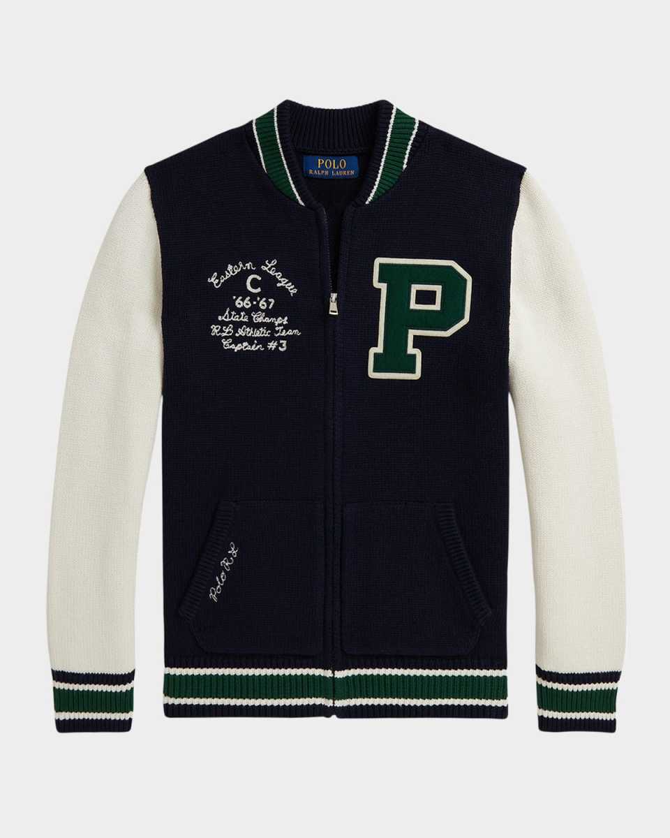 Boy's Intarsia Knit Logo Letterman Sweater, Size S-XL